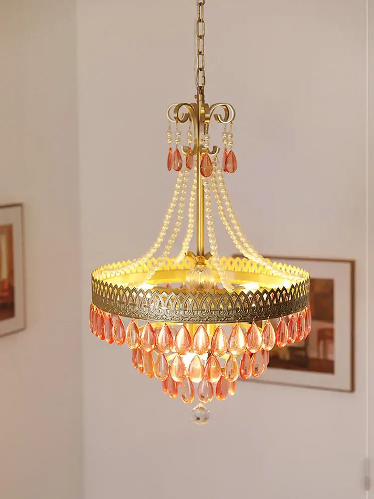 Amber crystal water drop chandelier dining room gold pendant light