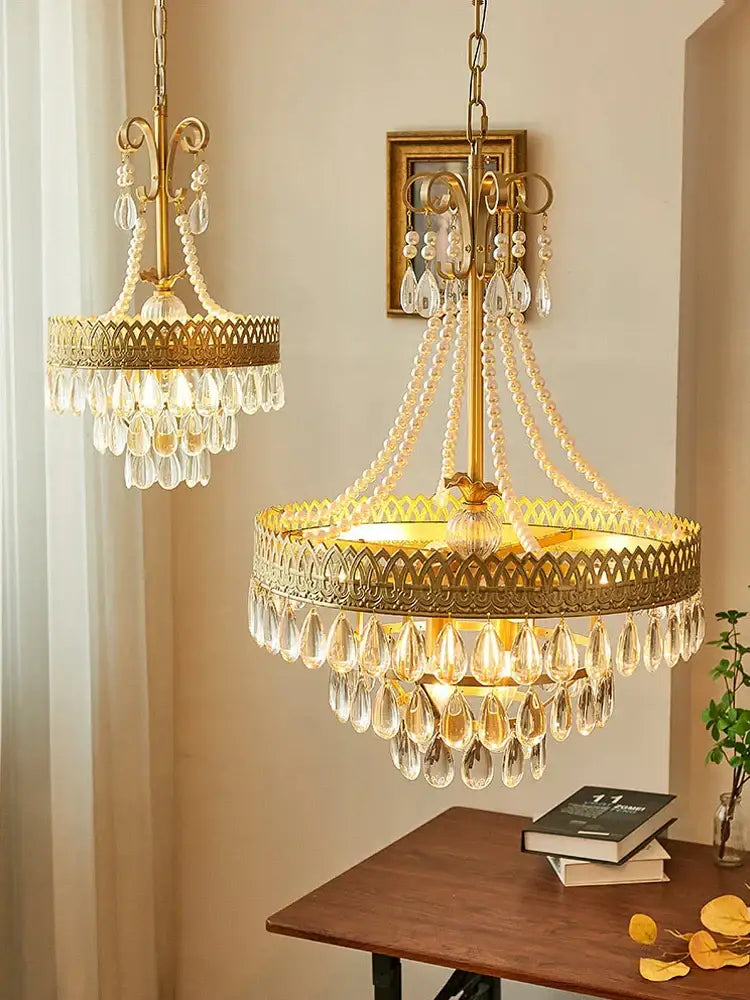 Amber crystal water drop chandelier dining room gold pendant light