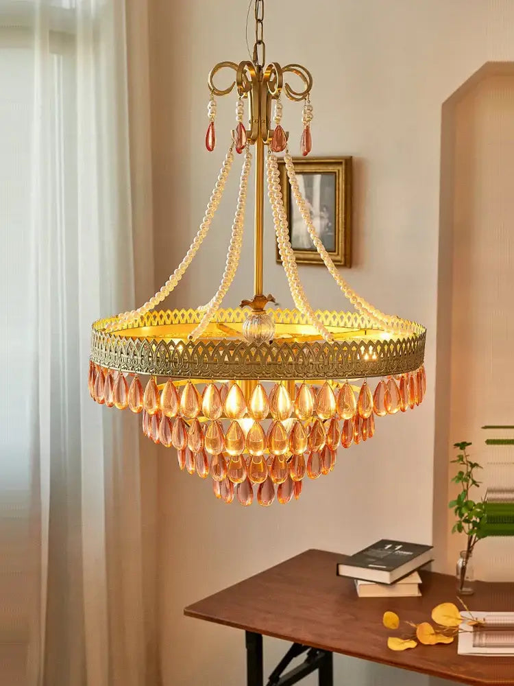 Amber crystal water drop chandelier dining room gold pendant light