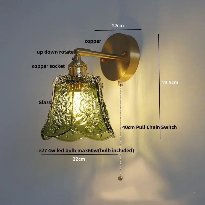 Amber flower crystal glass wall light fixture bedroom pull chain