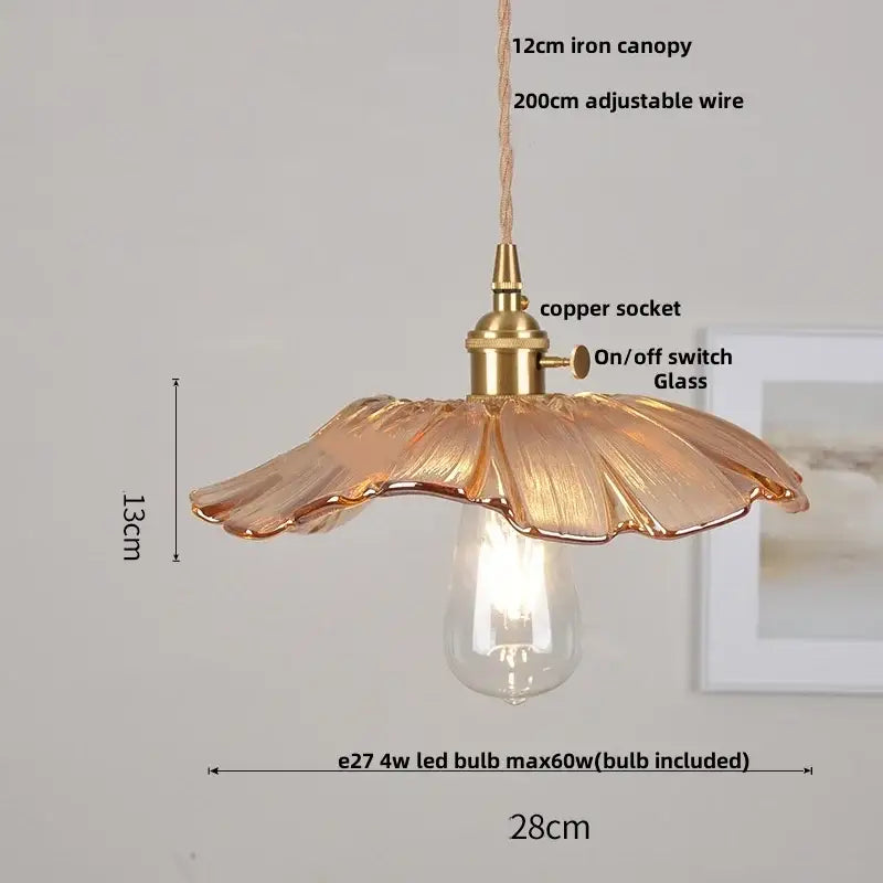 Amber flower glass pendant light for dining room brass finish