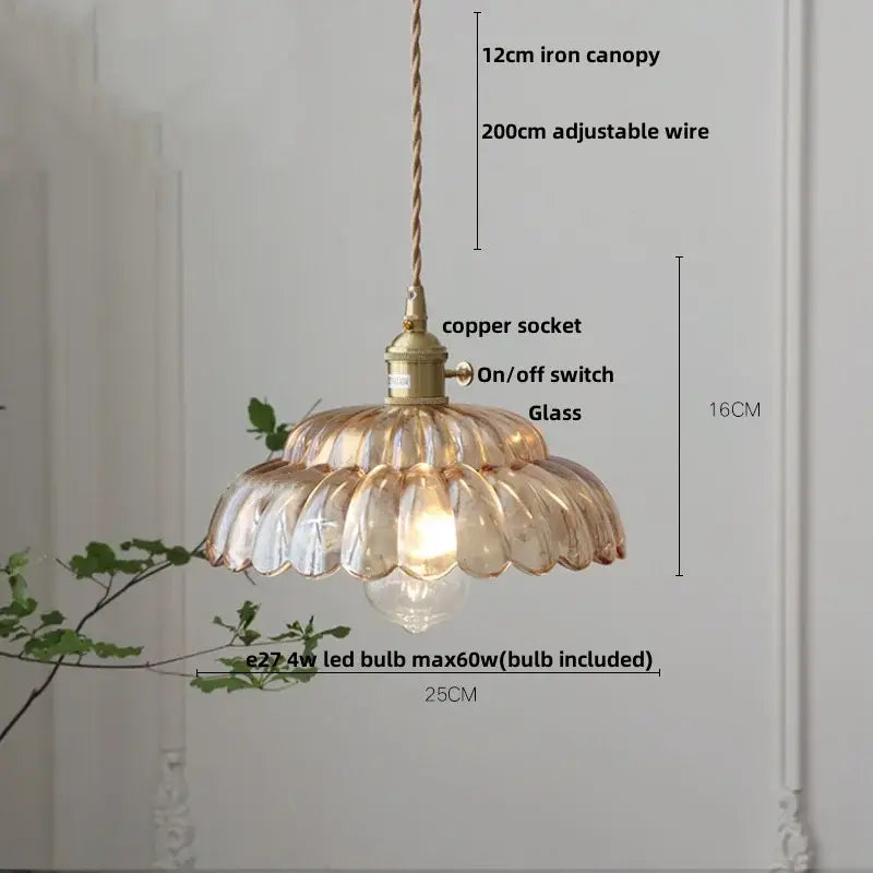 Amber flower glass pendant light for dining room brass finish