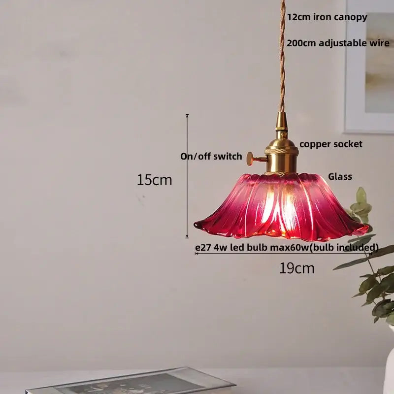 Amber flower glass pendant light for dining room brass finish