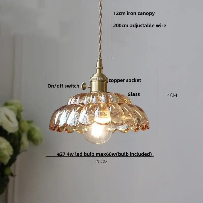 Amber flower glass pendant light for dining room brass finish