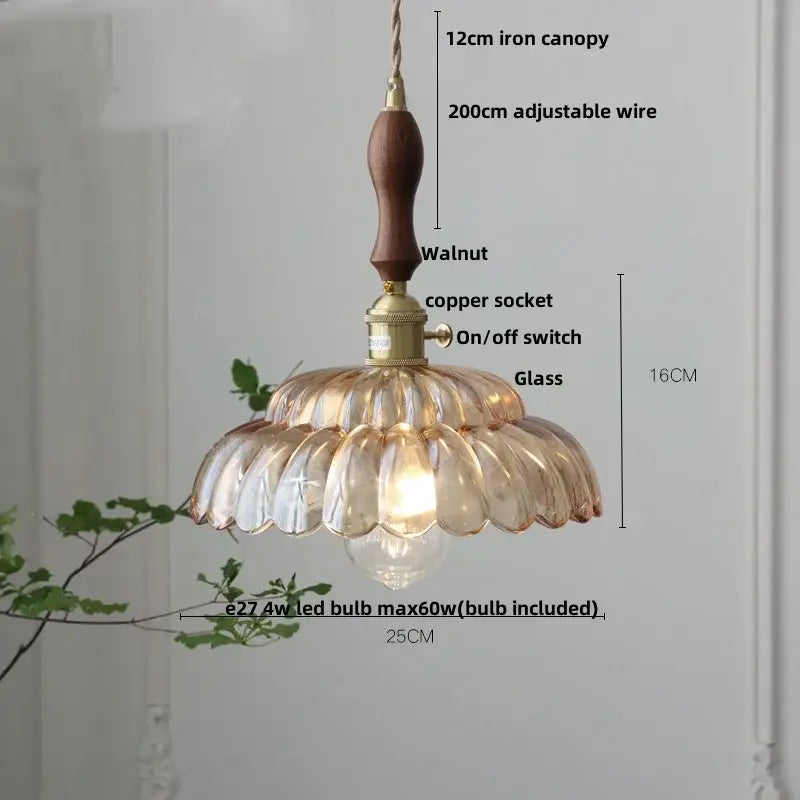 Amber flower glass pendant light for dining room brass finish