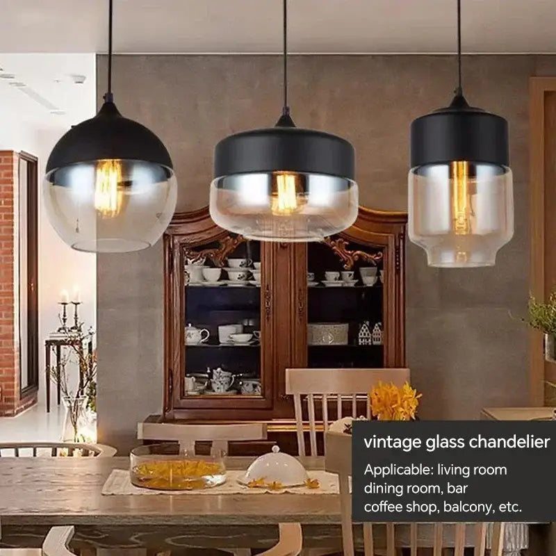 Amber glass and natural wood pendant light fixture for dining room
