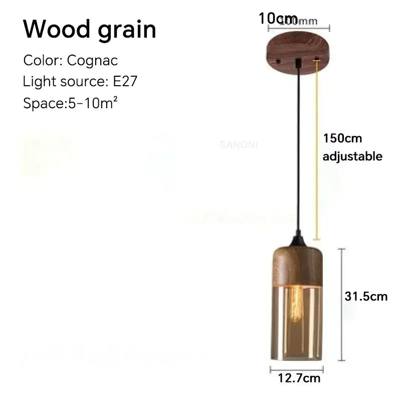 Amber glass and natural wood pendant light fixture for dining room