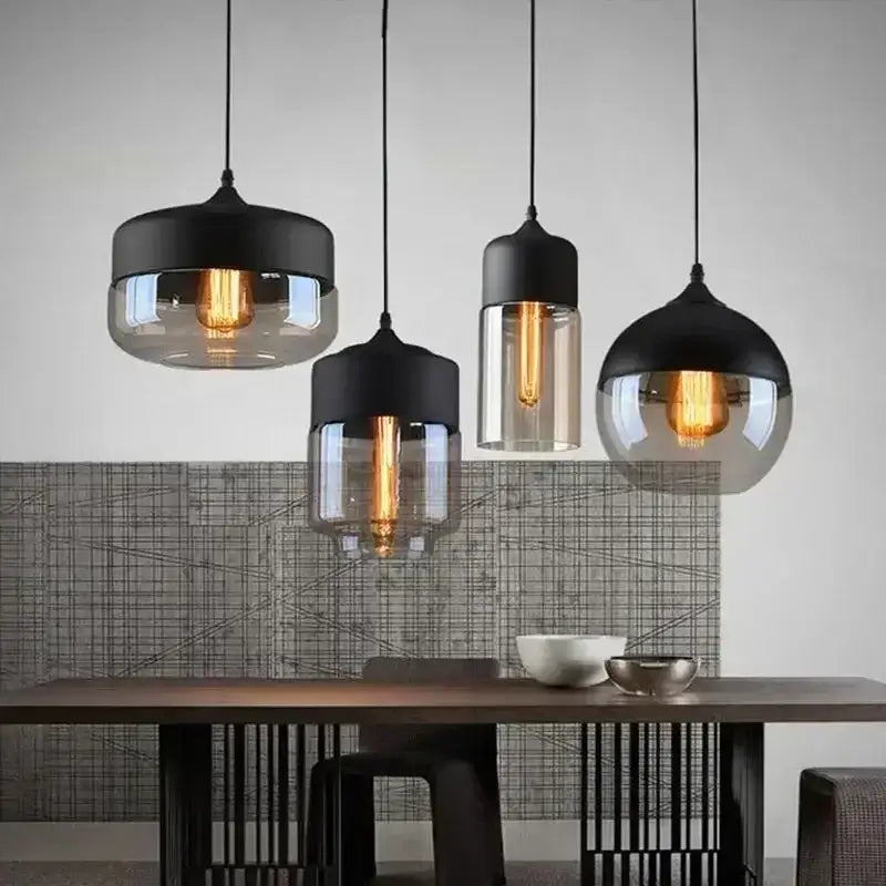 Amber glass and natural wood pendant light fixture for dining room