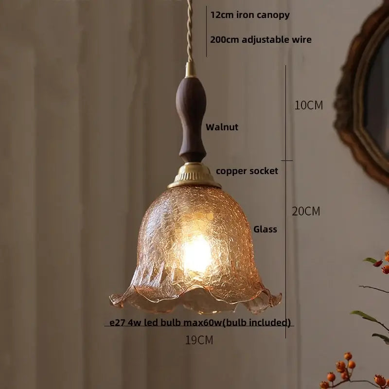 Amber glass led pendant lamp walnut & copper kitchen light