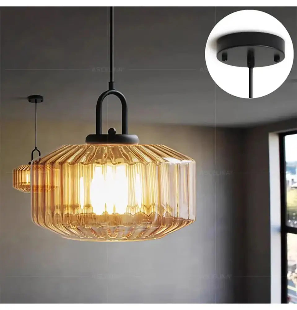 Amber & green ribbed glass led pendant chandelier kitchen light fixture