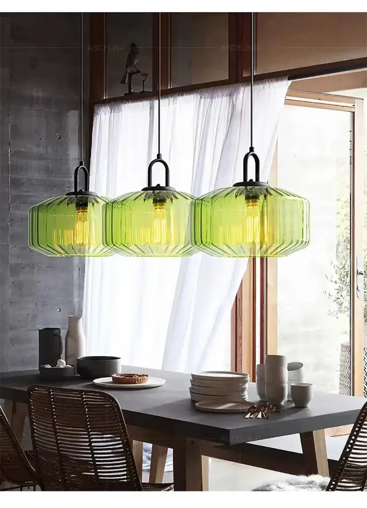 Amber & green ribbed glass led pendant chandelier kitchen light fixture