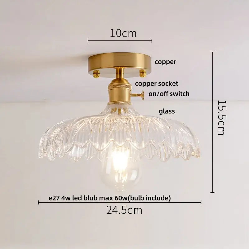 Amber ice crack glass wood ceiling light bedroom fixture