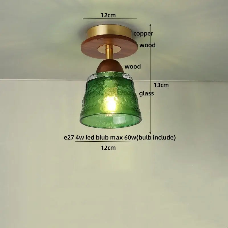 Amber ice crack glass wood ceiling light bedroom fixture