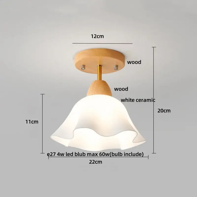 Amber ice crack glass wood ceiling light bedroom fixture