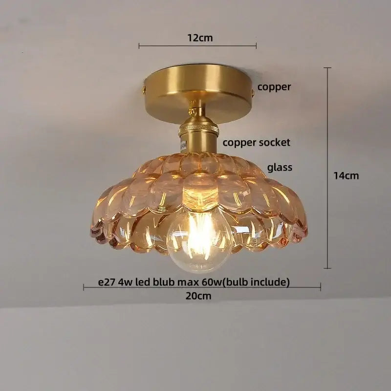 Amber ice crack glass wood ceiling light bedroom fixture