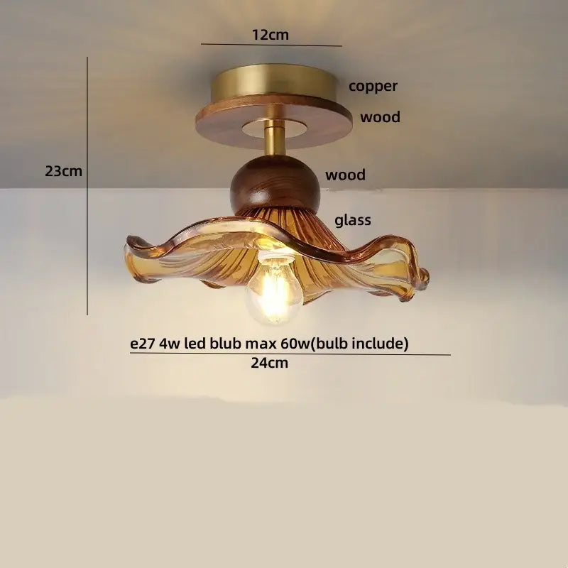 Amber ice crack glass wood ceiling light bedroom fixture