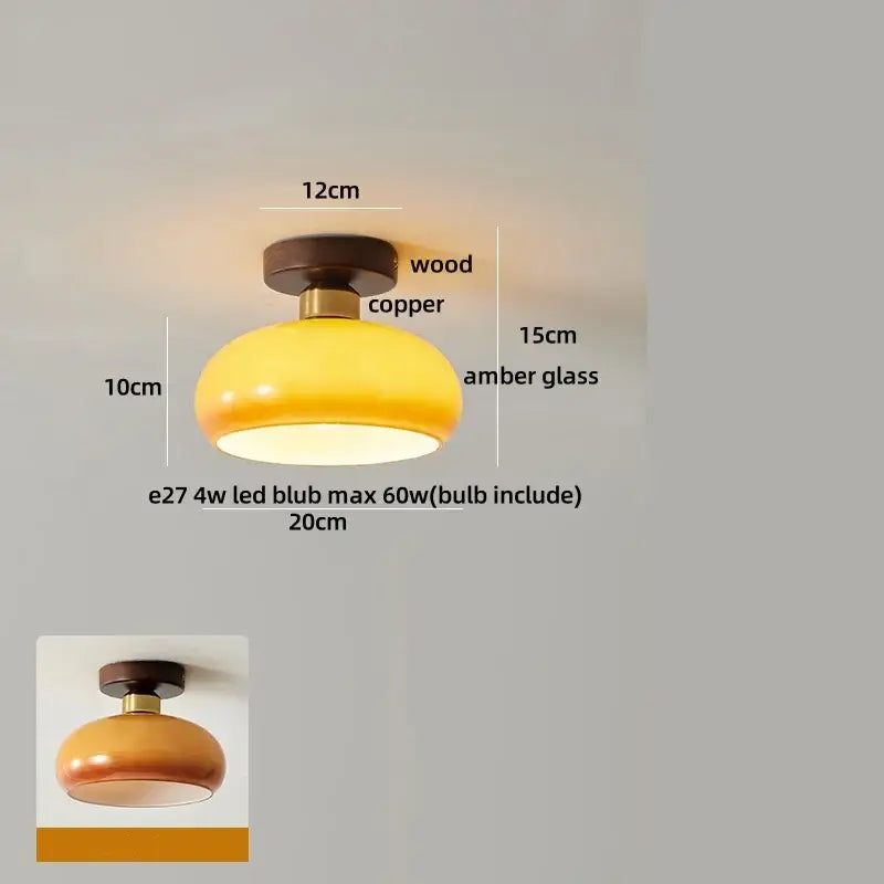Amber ice crack glass wood ceiling light bedroom fixture