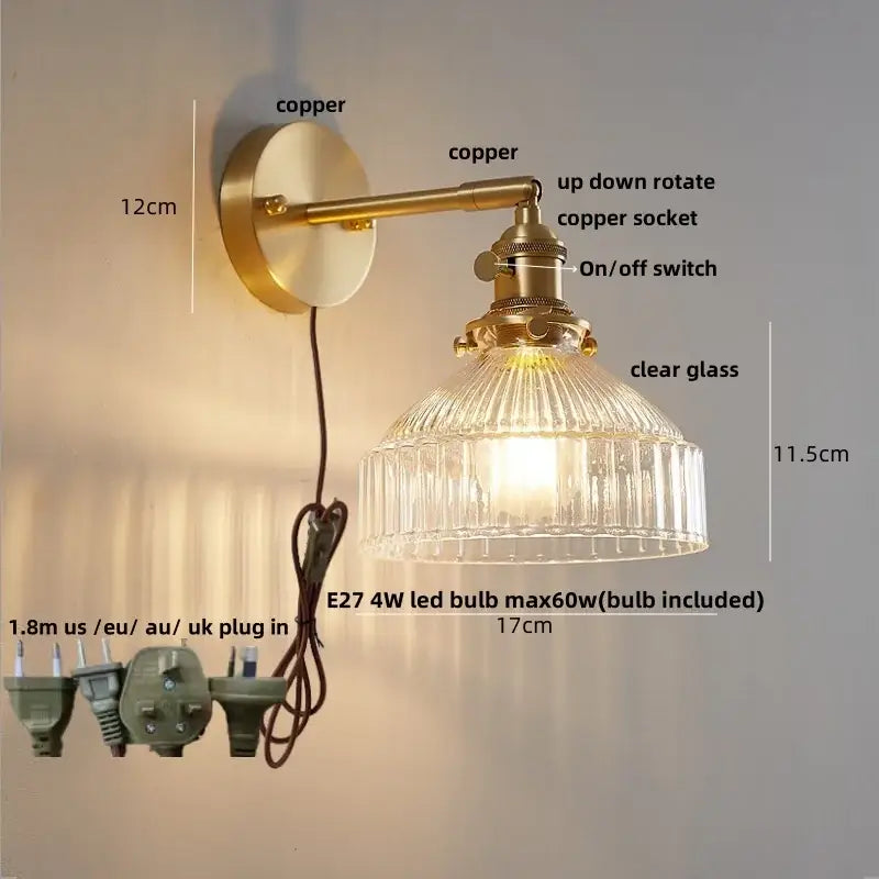 Amber textured clear glass wall sconce bedroom pull chain light