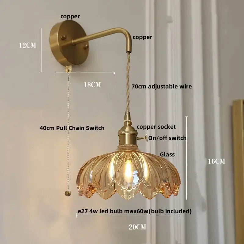 Amber vintage led wall light brass sconce with pull chain bedroom