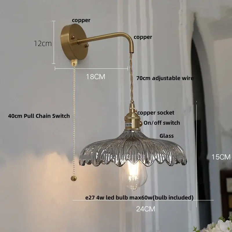 Amber vintage led wall light brass sconce with pull chain bedroom