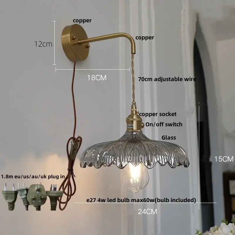 Amber vintage led wall light brass sconce with pull chain bedroom