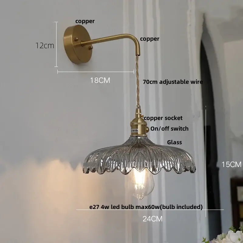 Amber vintage led wall light brass sconce with pull chain bedroom