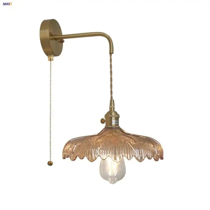 Amber vintage led wall light brass sconce with pull chain bedroom