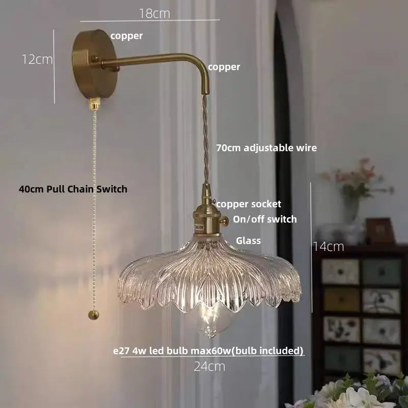 Amber vintage led wall light brass sconce with pull chain bedroom