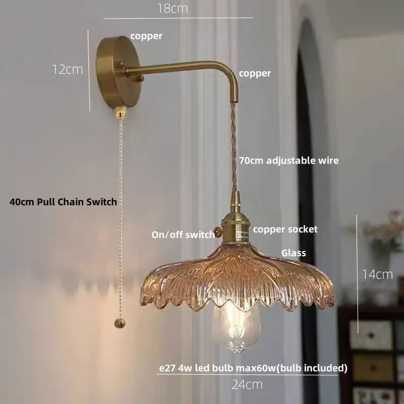 Amber vintage led wall light brass sconce with pull chain bedroom