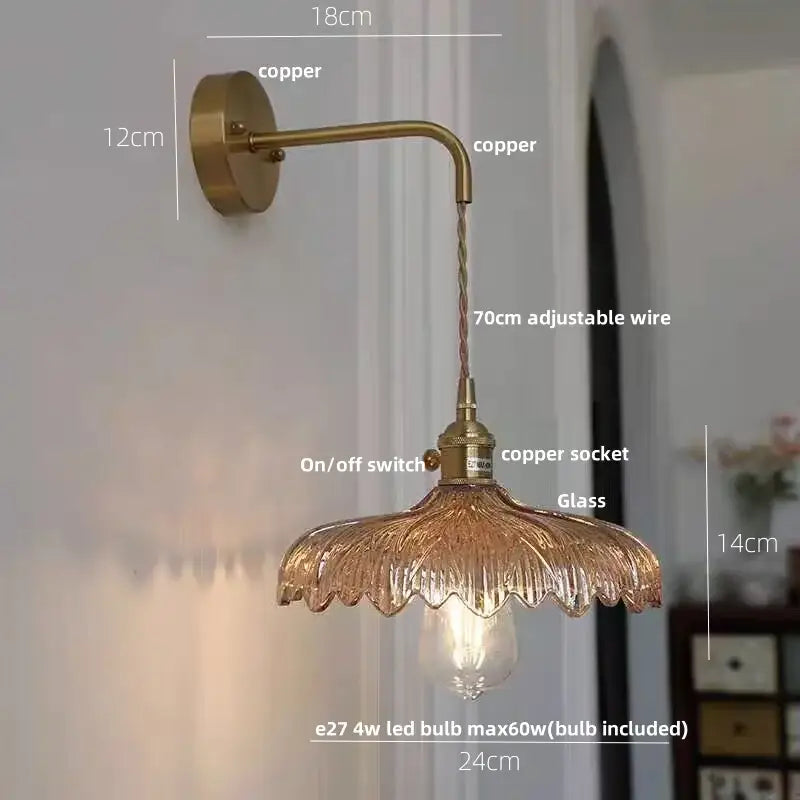Amber vintage led wall light brass sconce with pull chain bedroom