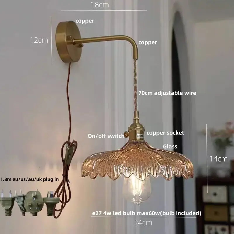 Amber vintage led wall light brass sconce with pull chain bedroom