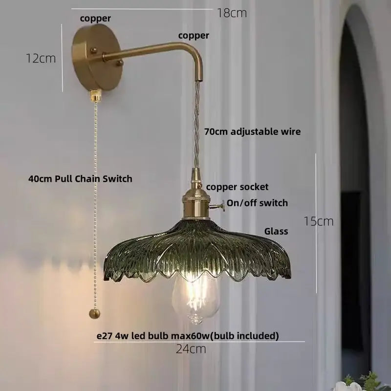 Amber vintage led wall light brass sconce with pull chain bedroom