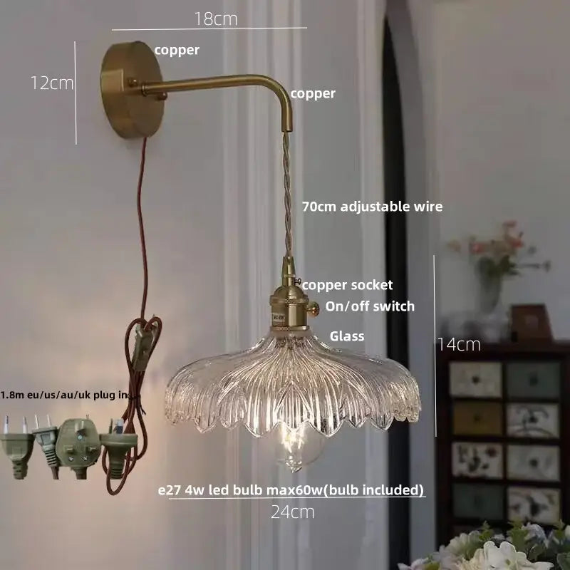 Amber vintage led wall light hallway lamp with brass pull chain