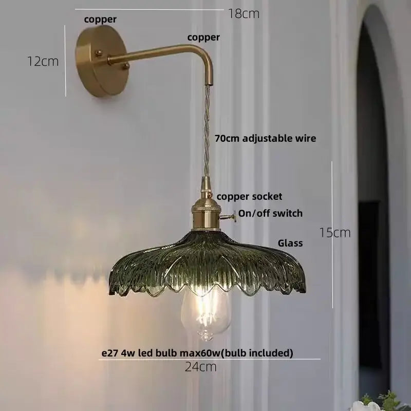 Amber vintage led wall light hallway lamp with brass pull chain