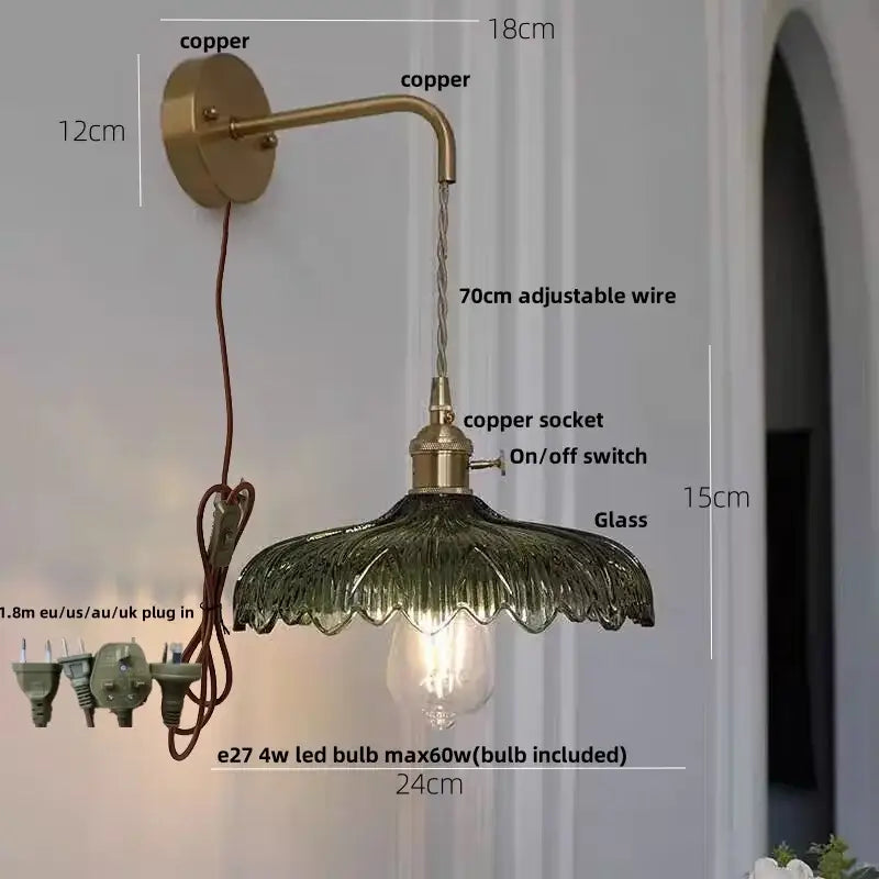 Amber vintage led wall light hallway lamp with brass pull chain