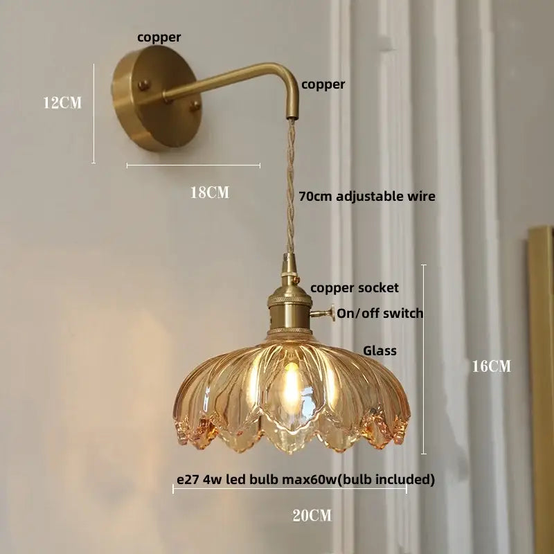 Amber vintage led wall light hallway lamp with brass pull chain