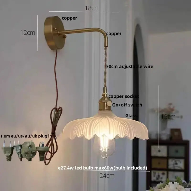 Amber vintage led wall light hallway lamp with brass pull chain