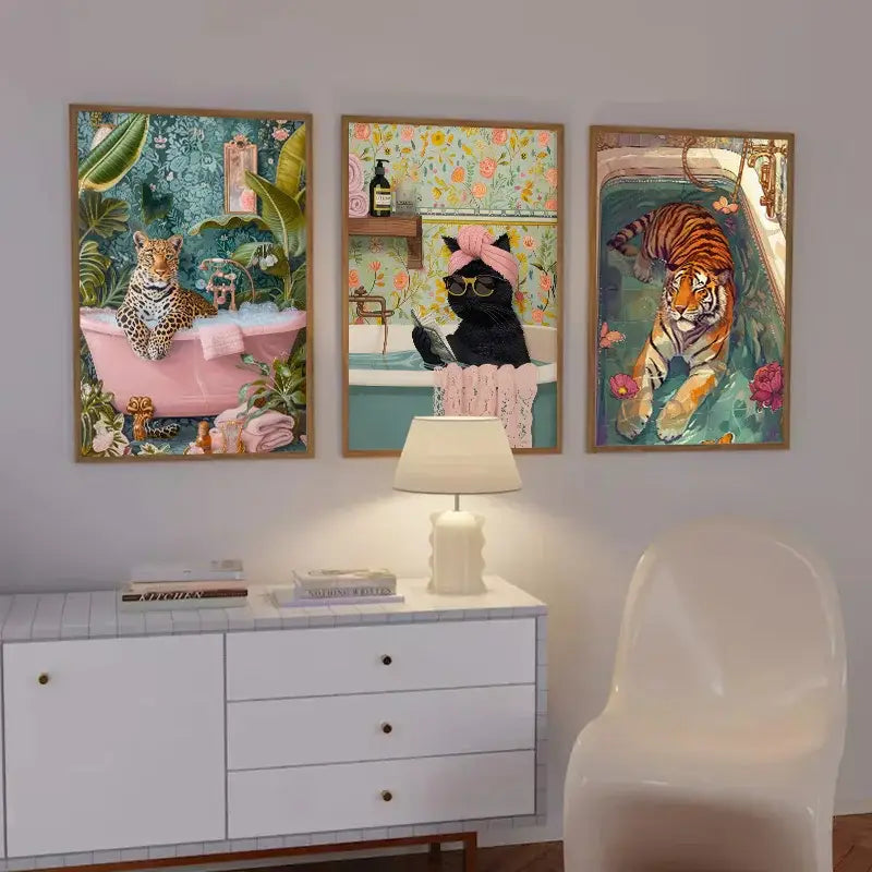 Vibrant pink leopard bathtub animal canvas art bathroom decor
