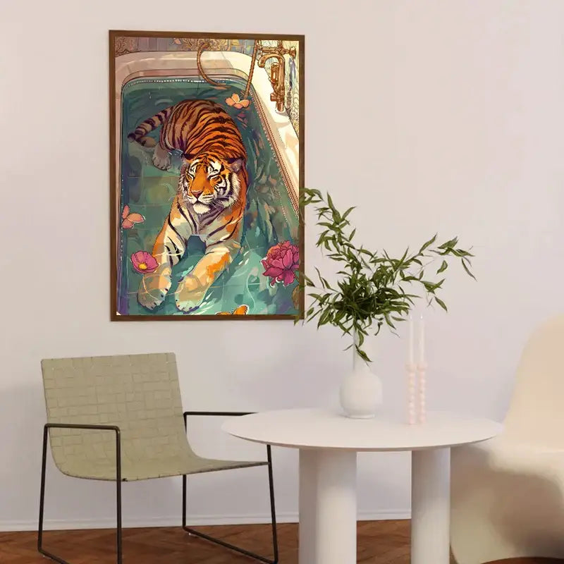 Vibrant tiger in bathtub animal canvas painting bathroom wall art