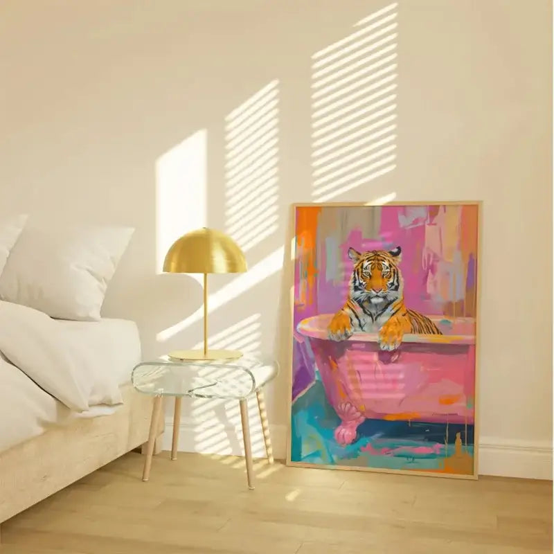 Vibrant pink floral tiger animal canvas painting bathroom wall decor