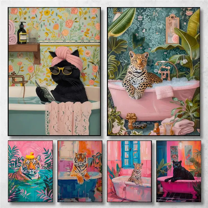 Vibrant pink & peach leopard animal canvas wall art bathroom decor