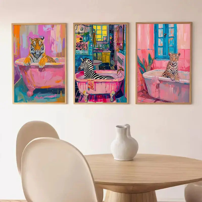 Vibrant pink & peach leopard animal canvas wall art bathroom decor
