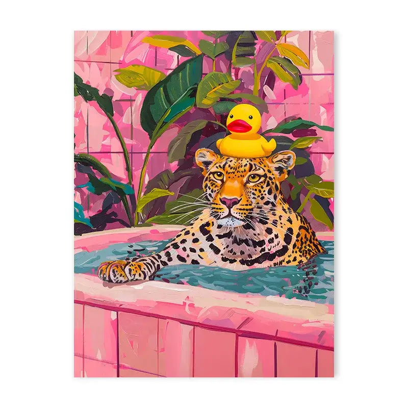 Vibrant tiger in pink bathtub animal canvas wall art bedroom decor