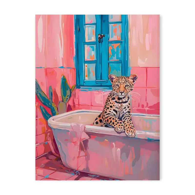 Vibrant leopard in bathtub animal print canvas painting bedroom art