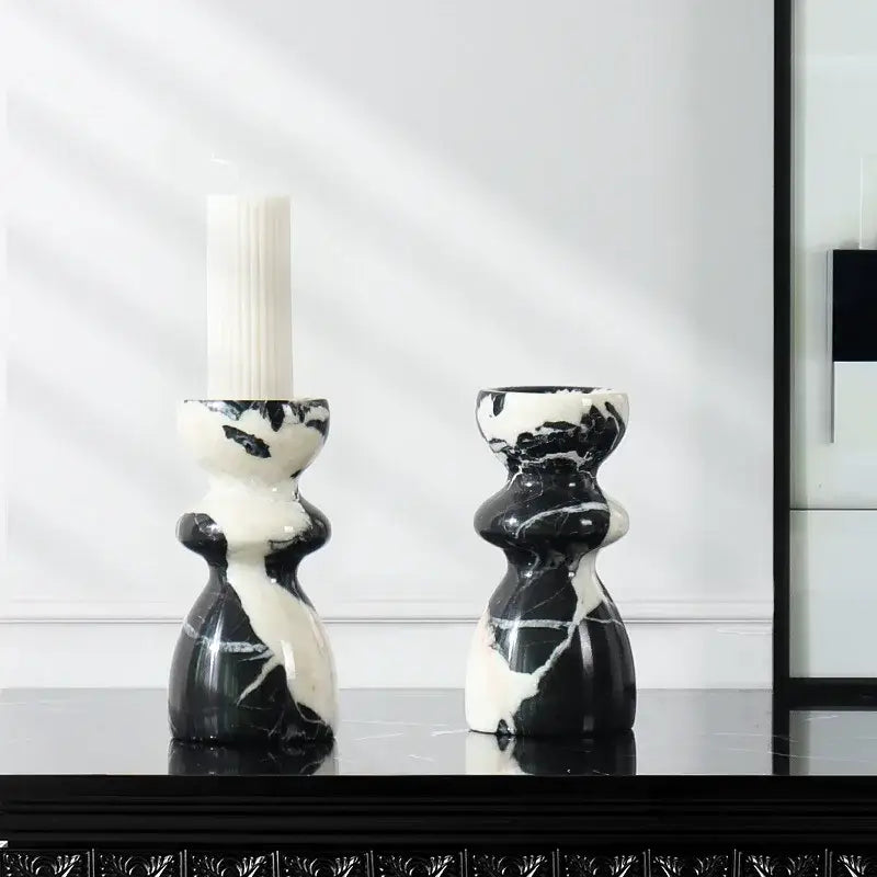 Antique black & white marble candlestick holder dining room decor