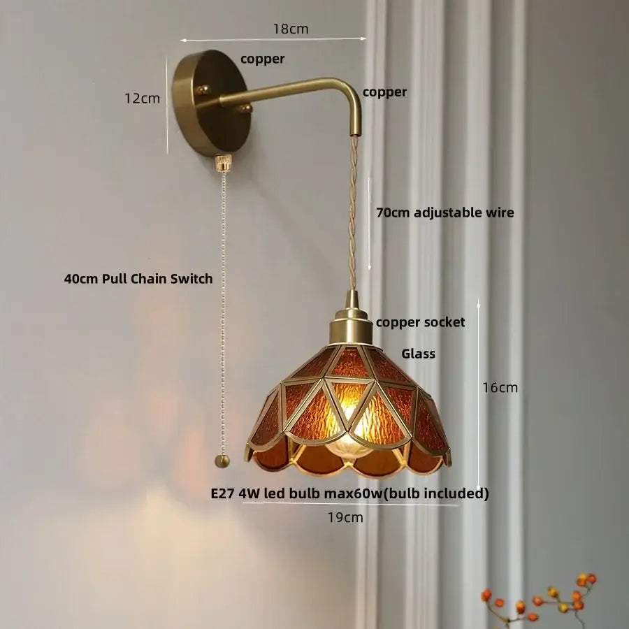 Antique brass amber glass led wall light bedroom sconce