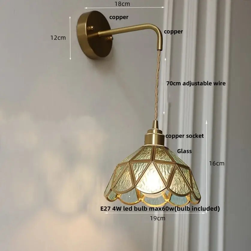 Antique brass amber glass led wall light bedroom sconce