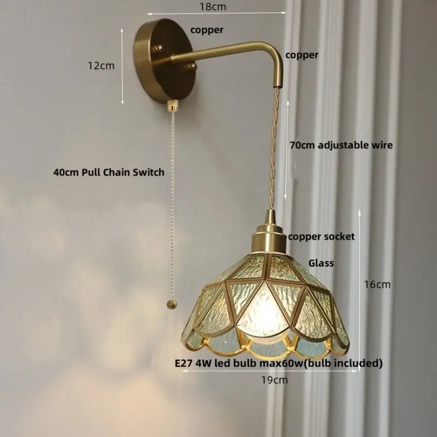 Antique brass amber glass led wall light bedroom sconce