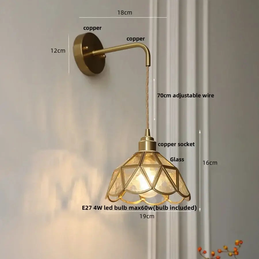 Antique brass amber glass led wall light bedroom sconce