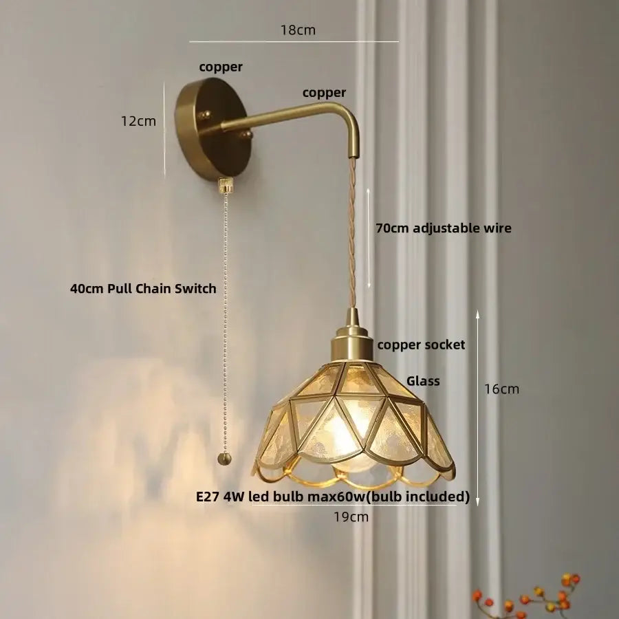 Antique brass amber glass led wall light bedroom sconce